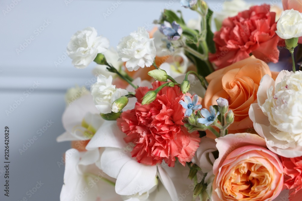 Obraz premium Beautiful colorful flowers on light background, closeup