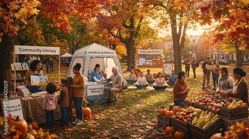 Community autumn festival with outdoor market and informational booths