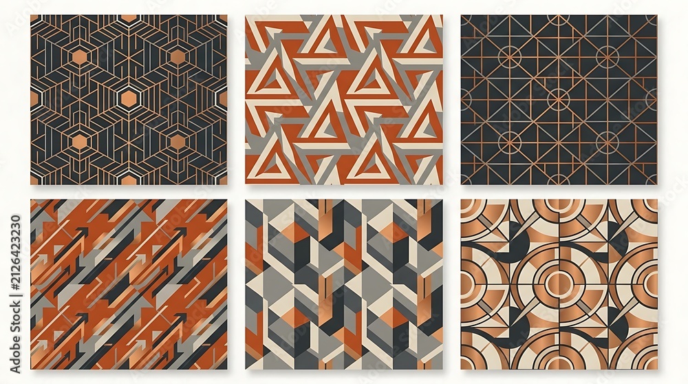 Collection of modern geometric vector patterns featuring abstract triangles, circles, and hexagonal shapes in sophisticated terracotta and charcoal tones