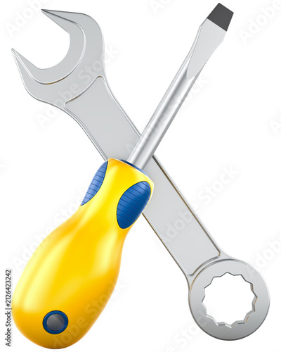 Wrench and screwdriver, crossed tools, transparent background.