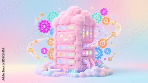 3D isometric fluffy pink cloud server and cloud computing illustration