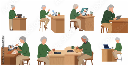Set of flat vector illustrations of a senior woman using digital technology, tablet, and laptop for communication, work, and lifelong learning.