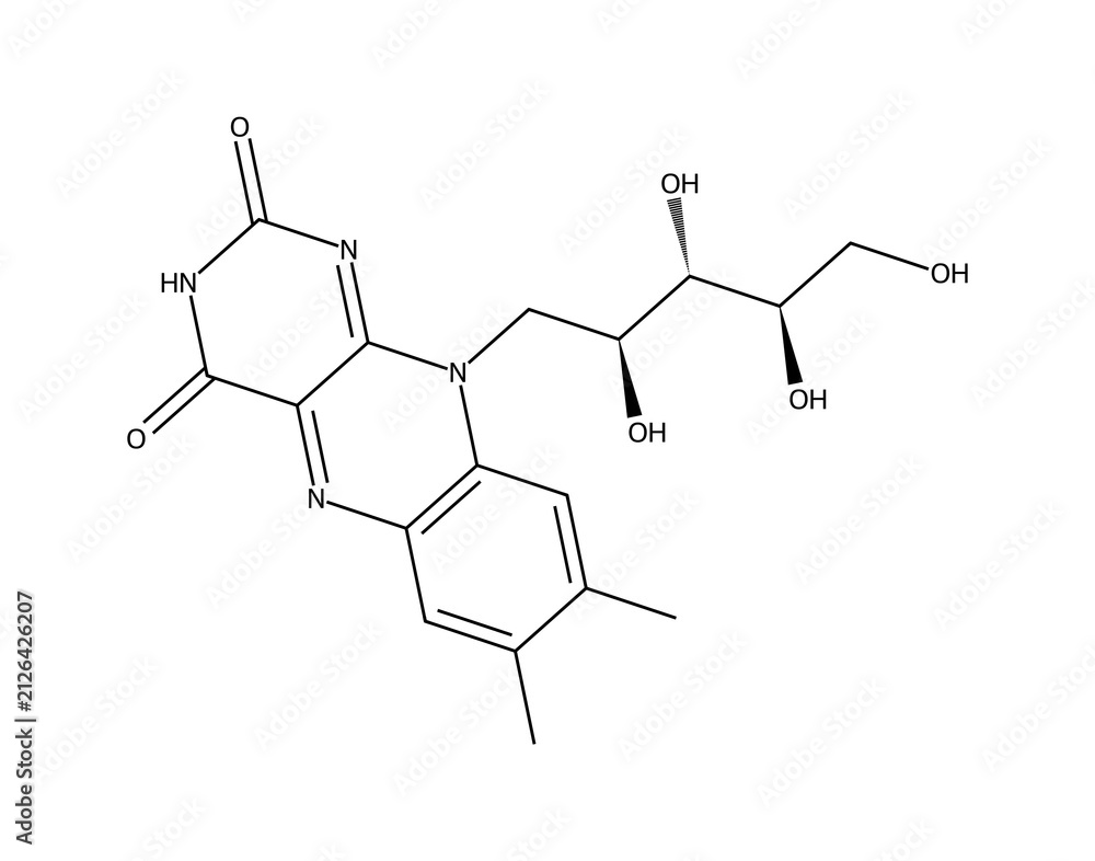 Obraz premium Riboflavin (Vit B2) (C17H20N4O6), complex organic chemistry molecular structure, black skeletal formula transparent