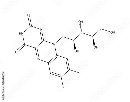 Riboflavin (Vit B2) (C17H20N4O6), complex organic chemistry molecular structure, black skeletal formula transparent