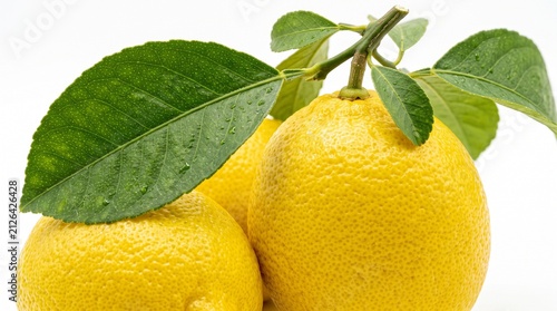 Citrus Grove Freshness: Three ripe, textured lemons with vibrant green leaves attached to a branch, showcasing their natural zest and health-giving properties.