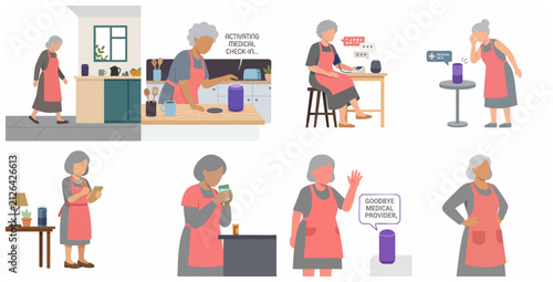Elderly Woman Using Smart Speaker for Medical Check-ins and Healthcare Assistance at Home Vector Illustration Set