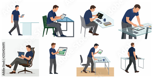 Businessman analyzing financial data on digital tablet and working at office desk, flat vector illustration set