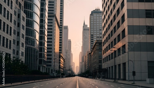 Empty city street lined with tall buildings at dusk