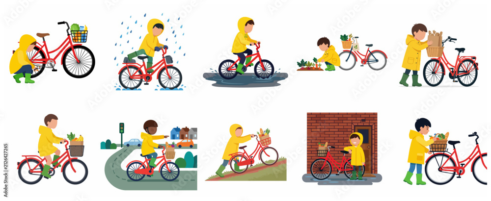 Fototapeta premium Flat Vector Illustration Set of Kids in Yellow Raincoats Riding Bicycles with Grocery Baskets in Various Daily Scenes