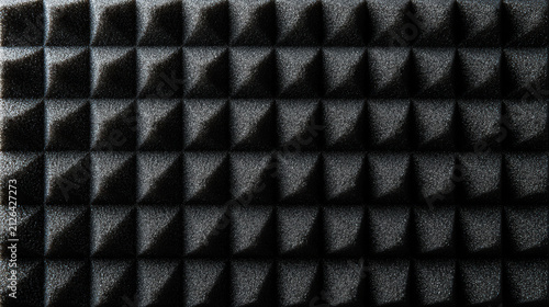 Close-up texture of black acoustic foam with a repeating pyramid pattern for sound insulation