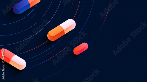 Medical capsules floating above dark blue background, with concentric circles, and thin light lines