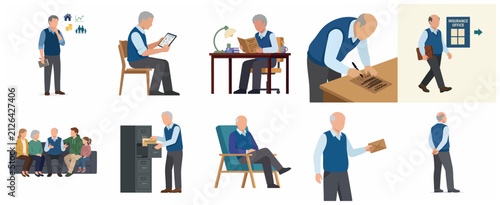 Set of flat vector illustrations of a senior man managing life insurance, retirement planning, and financial security.
