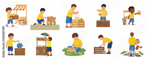 Set of Young Boy Entrepreneurs Running a Juice Stand Business Illustrations