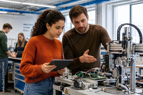 Two Engineering Students Using Digital Tablet to Analyze Machinery in University Robotics Research Laboratory