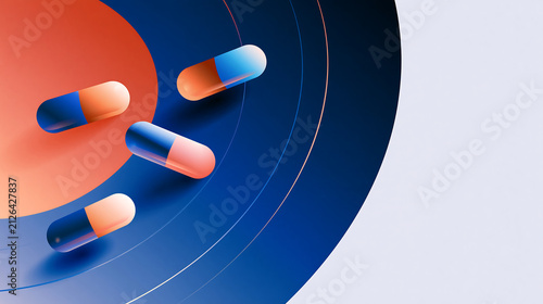 Three medical capsules floating over abstract blue and orange concentric circular lines