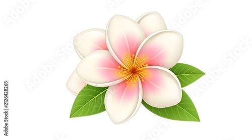 Tropical plumeria frangipani flower illustration featuring white petals with pink centers and green leaves on a white background