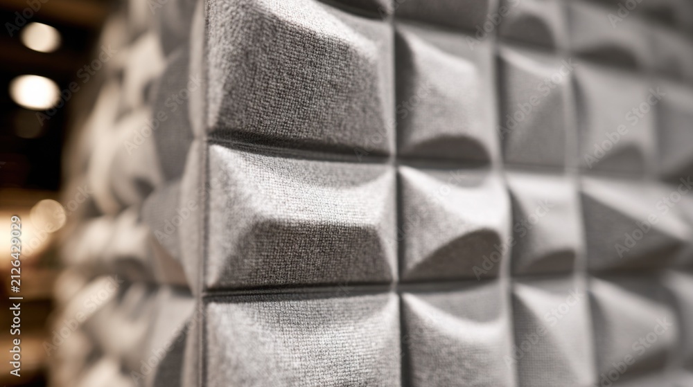 Fototapeta premium Medium shot highlighting soft fabric acoustic tiles on therapy room walls focused on texture for optimal sound dampening and a welcoming environment.