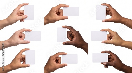 Nine Hands Holding Business Cards: A grid showcases nine diverse hands, each elegantly holding a blank white business card, symbolizing networking and professional connection.