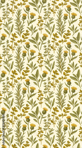 A botanical seamless pattern featuring hand-drawn wild herbs, green foliage, and yellow thistle flowers on a light background for stylish fabric and textile design