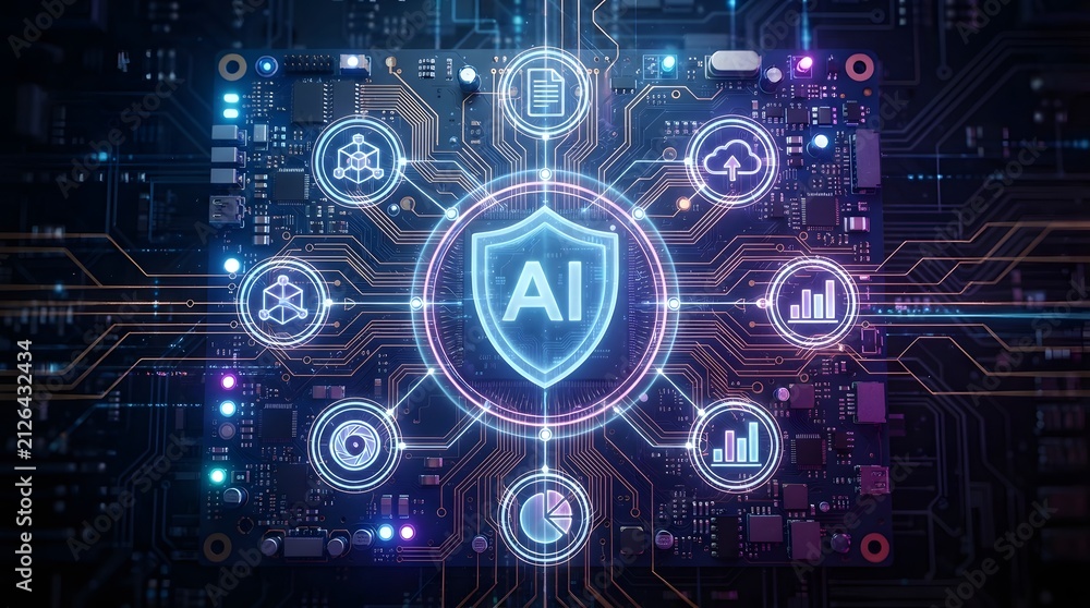 Fototapeta premium Artificial intelligence chip with integrated security shield and digital data icons on a circuit board