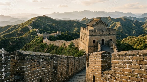 Great Wall of China winding through green mountains landscape
