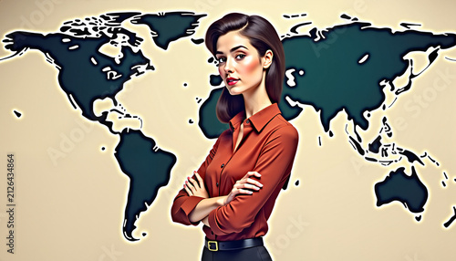 confident businesswoman standing with arms crossed against a world map background illustrating global influence and international business concepts