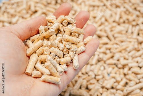 A hand holds a handful of small wood pellets above a larger collection of wood pellets in a storage area. The setting is well lit and shows many pellets around.