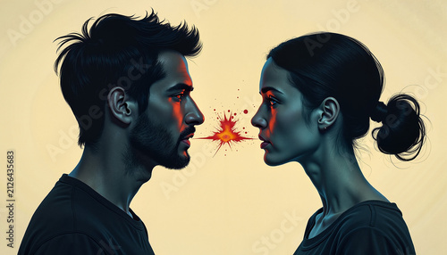 two individuals expressing tension facing each other with dynamic energy represented through color and light against a minimalistic background, concept conflict resolution