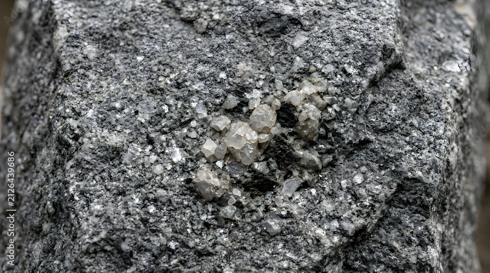 Fototapeta premium Detailed grey geological rock surface featuring sparkling crystalline mineral deposits with rough granite textures displayed .