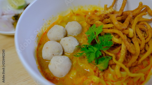 Canvastavla Noodle with meat pork meatball chicken curry soup , Thai called khao soi kai ,No