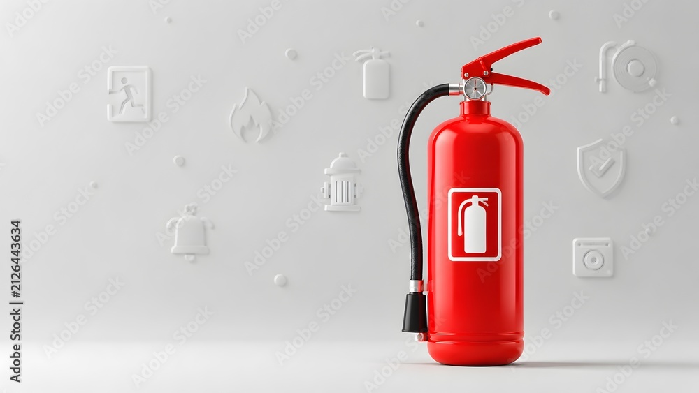 Obraz premium Crucial red fire extinguisher on a minimalist white background, accompanied by embossed safety icons, symbolizing fire protection, emergency readiness, and prevention.