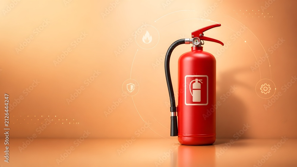Obraz premium Modern fire extinguisher standing prominently, surrounded by digital icons representing comprehensive safety protocols, emergency response, and overall protection.