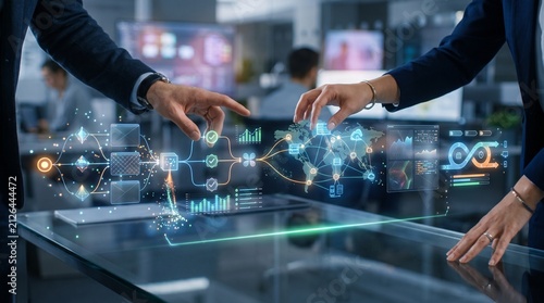 Advanced software integration and API automation platform development featuring a futuristic digital interface with data analytics and workflow management for business technology solutions .