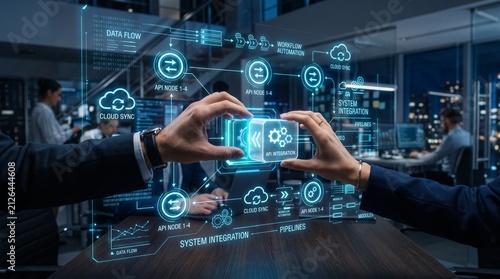 Advanced software development and api integration platform for business automation showing digital data flow system architecture and cloud sync technology in a futuristic corporate office setting.