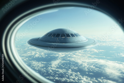 ufo, uap, aav, nhi, flying saucer seen through airplane window above white clouds and blue sky, photorealistic