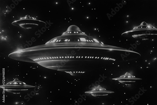ufo, uap, aav, nhi, flying saucers, black and white fleet in starry space, vintage graphic, illustration
