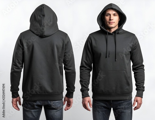 Black pullover hoodie front and back view on model.