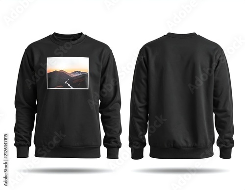 Black sweatshirt with sunset mountain scenery print.