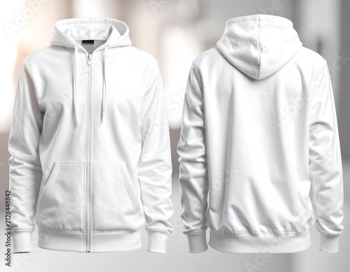Blank white zip hoodie front and rear mockup view.