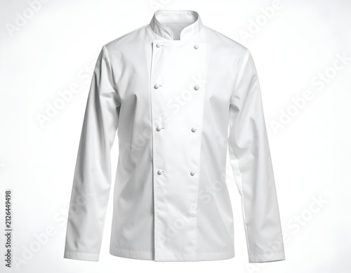 Classic long-sleeve white chef coat on white backdrop.