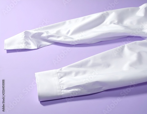 Close up of white shirt sleeves on purple surface.