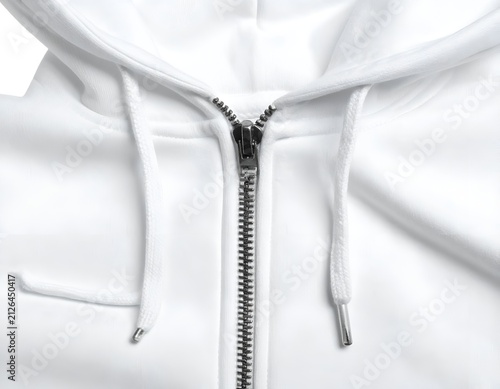 Close up of white hoodie metal zipper and drawstring.