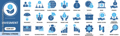 investment icon set In Blue Style. Contain icons related to finance, money, banking, icon, deposit collection. Editable stroke. Vector
