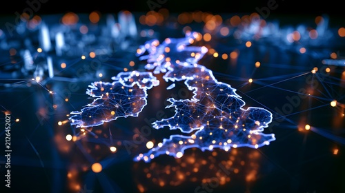 United Kingdom network visualization futuristic cityscape glows with innovative digital connection
