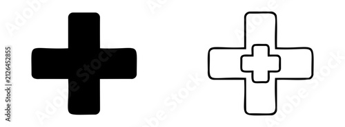 Plus Sign Medical Cross Symbols in Solid and Outline Vector Styles for Design Projects