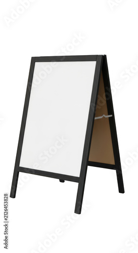 Black freestanding sandwich board sign on sidewalk