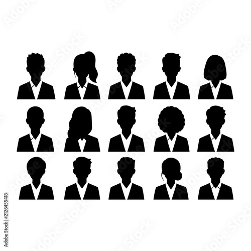 Set of fifteen diverse business people avatar icons isolated on transparent background