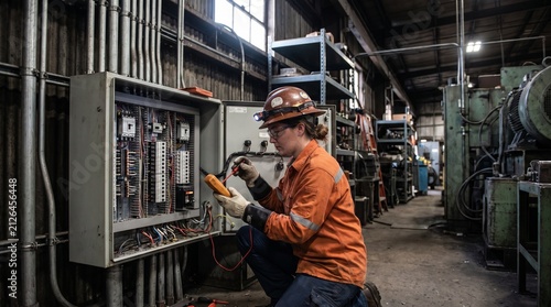 A focused female electrician, wearing a hard hat and safety glasses, meticulously checks electrical wiring within a control panel in a factory setting.