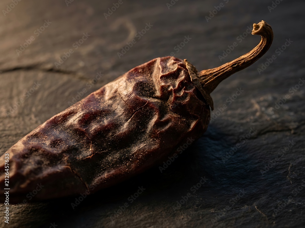 Obraz premium Close up shot of a dried chile pasilla resting on a dark slate background in dramatic warm lighting