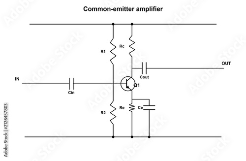 Foto Common Emitter Amplifier, electronic circuit schematic diagram, black line art t